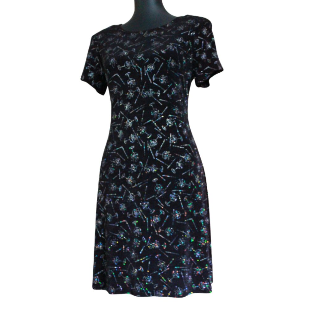 Molly Malloy Black Glitter Cocktail Print Party Dress Petite 8